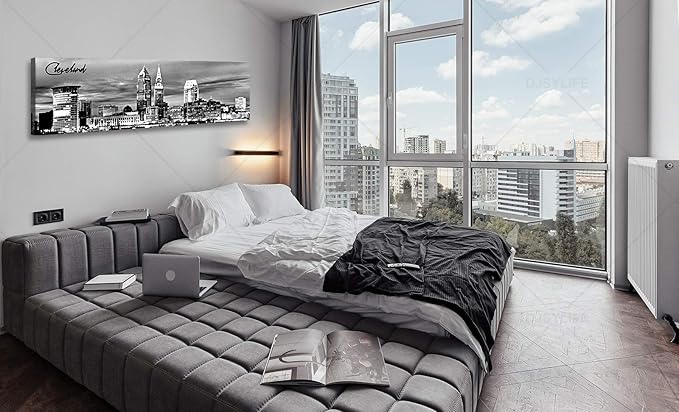 Cleveland Skyline Decor Wall Art Canvas Prints Black and White Night View USA Cityscape Panoramic Painting for Bedroom Office Framed and Ready to Hang 13.8"x47.3"-Ruum Studio Home