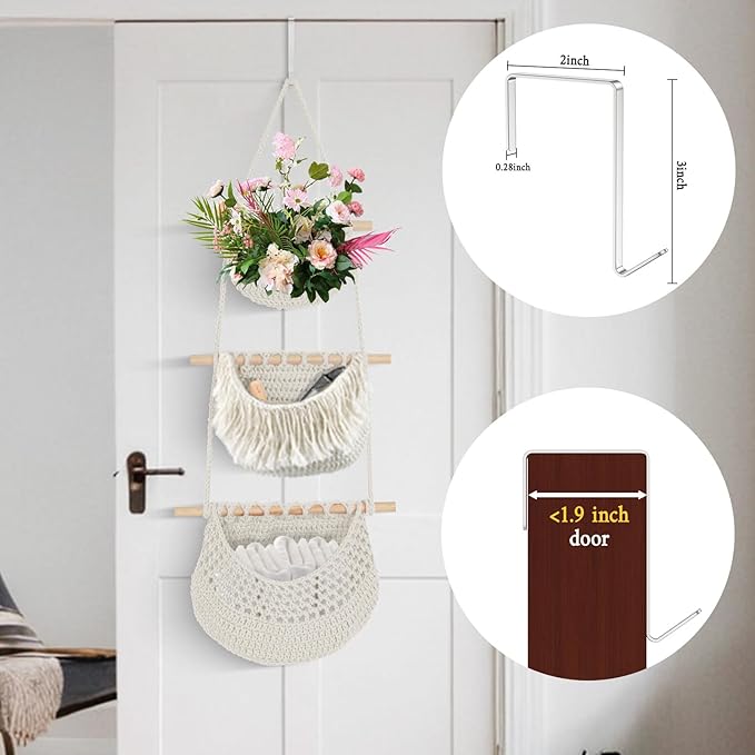 Hanging Baskets for Organizing, 3 Tier Detachable Wall Hanging Fruit Basket Over the Door Organizer for Fruit Vegetable Plant, Beige Boho Cotton Crocheted Fruit Holder for Kitchen Bathroom Bedroom-Ruum Studio Home