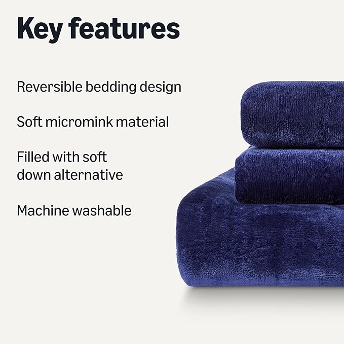 Amazon Basics Reversible Sherpa Comforter Set with Pillow Sham, Navy, Queen/Full-Ruum Studio Home