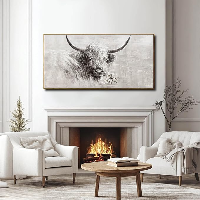 Farmhouse Wall Decor Framed Cow Artwork Grey Vintage Wall Art Canvas Flower Print Rustic Animal Pictures Style for Bedroom Dining Room 24x48 Inch-Ruum Studio Home