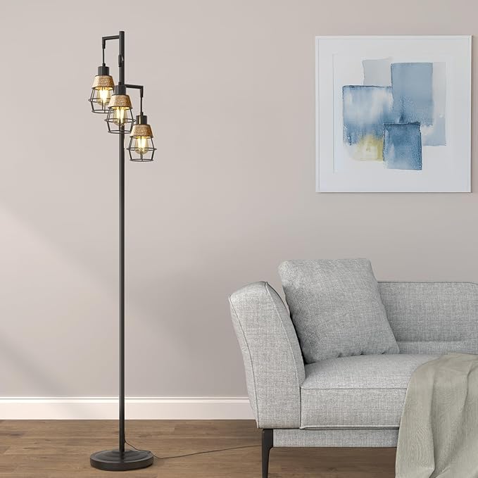 Oneach 68" Floor Lamps for Living Room, Stepless Dimmable Boho Floor Lamp with 3 Bulbs, Tall Farmhouse Industrial Corner Standing Tree Lamp for Bedroom, Office, Study Room, Dining Room, Black-Ruum Studio Home