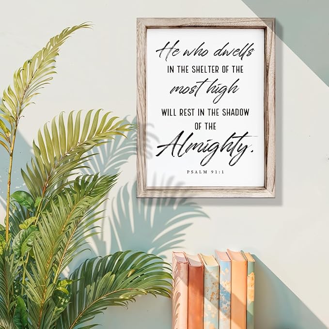 Christian Wooden Wall Sign, Inspirational Home Decor for Living Room, Wall Decor Art, Framed Wood Plaque Sign 15 * 11.5 inches, He Who Dwells in the Shelter of the Most High-Ruum Studio Home