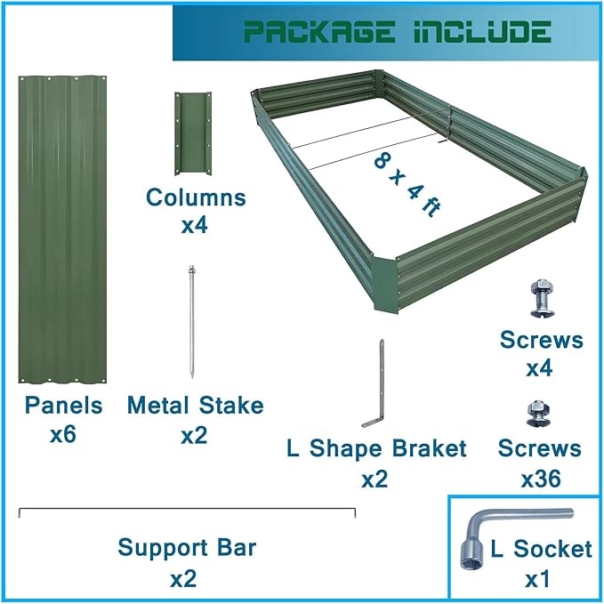 8x4x1ft Metal Raised Garden Bed Kit，Galvanized Garden Bed Box for Vegetables, Flowers, Herbs, and Succulents,240 Gallon Capacity - Green-Ruum Studio Home