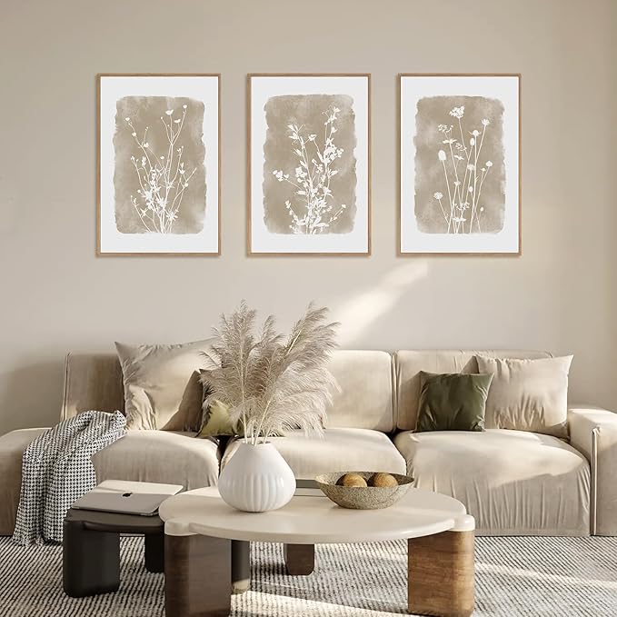 HPINUB Large Boho Wildflowers Canvas Framed Wall Art Set,Minimalist Vintage Flower Wall Decor,Beige Floral Botanical Artwork for Living Room Bedroom,Dining Room,Office -16"x24"x3-Ruum Studio Home