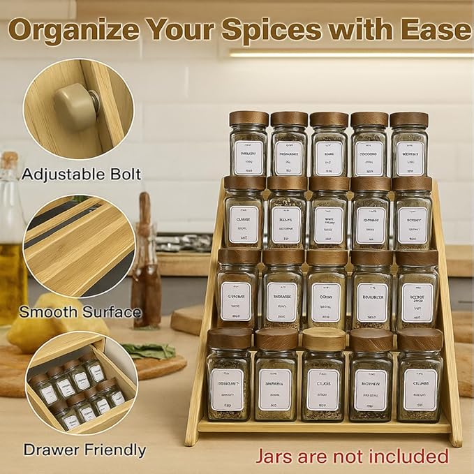 Bamboo Spice Rack Organizer - 3 Tier Foldable Wooden Spice Rack for Countertop, Cabinet & Drawer- Organic Bamboo-Extra Sturdy Wooden Spice Shelf, No Spice Jars Included-Ruum Studio Home