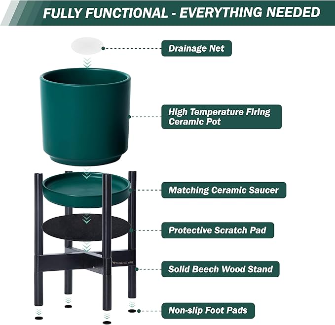 D'vine Dev Ceramic Planter with Ebony Stand - 10 Inch Modern Round Flower Pot with Wood Planter Holder, Teal, 55-B-L-4-Ruum Studio Home