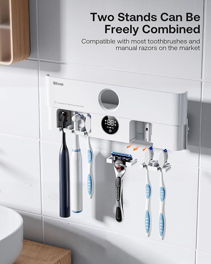 Bitvae Toothbrush Holder, Cleaning and Fast Drying, 5 Toothbrush Slots or Shaver Slot Accessories for Family, LED Smart Screen, Wall Mounted Holders for Bathrooms-Ruum Studio Home