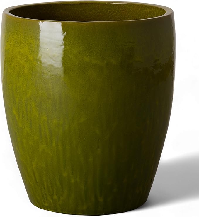 Emissary Bullet 18 in. Green Ceramic Round Planter (18 in. L x 18 in. W x 21 in. H) with Drainage Hole-Ruum Studio Home