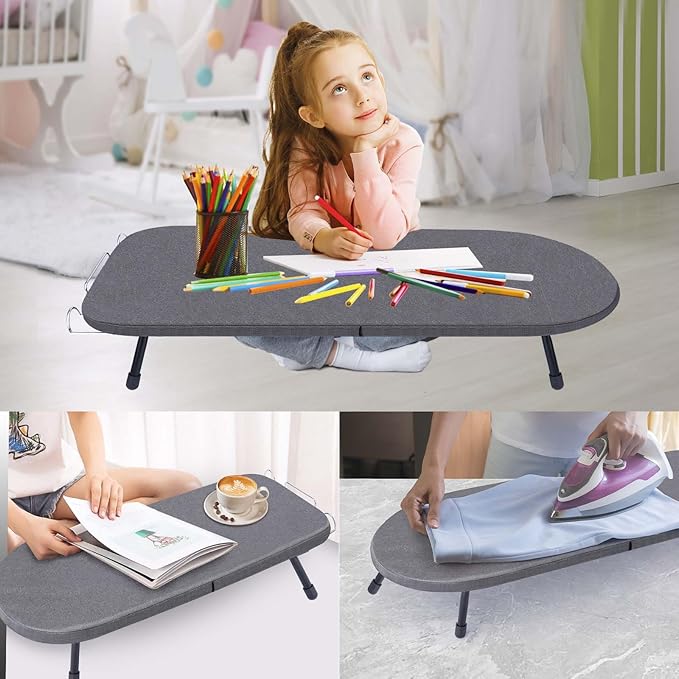 Tabletop Ironing Board with Iron Rest, Metal Mesh Panel Mini Ironing Board with Heat Resistant Cover, Portable Small Iron Board Foldable for Dorms, Apartment and Travel, 32" x12'', Black-Ruum Studio Home
