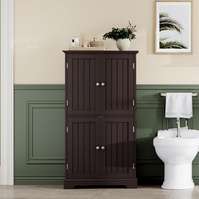 ChooChoo Bathroom Floor Cabinet, Modern Bathroom Storage Cabinet with 4 Doors and Adjustable Shelves, Freestanding Cupboard for Living Room, Espresso-Ruum Studio Home