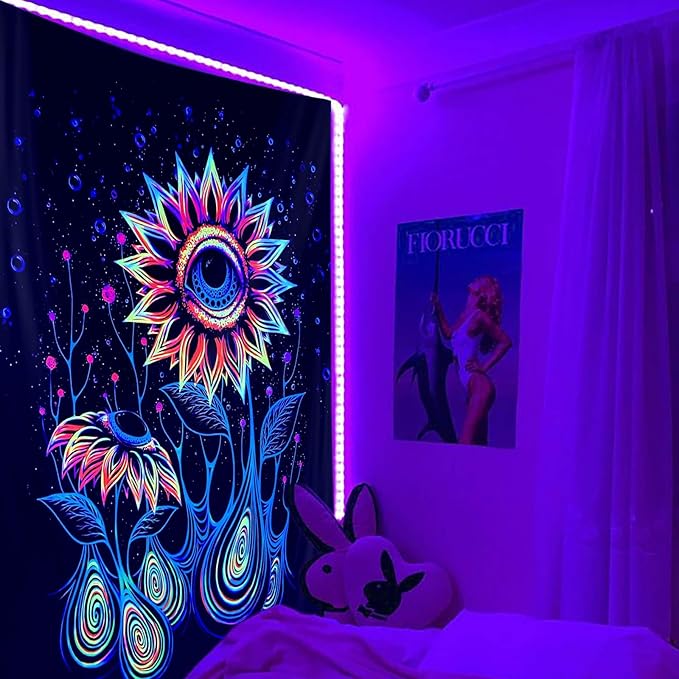 ADDWel Blacklight Sunflower Tapestry, Hippie Eye Tapestry Glow In The Dark, UV Reactive Black Light Upright Posters Wall Hanging for Bedroom Dorm Living Room Backdrop Decor-Ruum Studio Home
