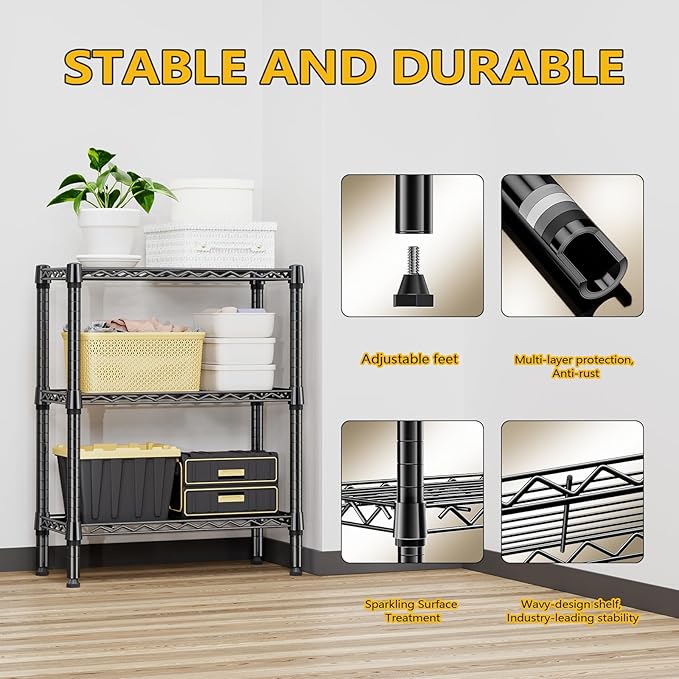 750 lbs 3 Tier Shelf Metal Storage Shelves Wire Rack Closet Organizers for Garage Kitchen Bathroom Laundry Black 11.8" D x 25.6" W x 31.5" H-Ruum Studio Home