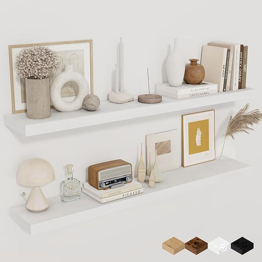 Floating Shelves for Wall, 40 Inch Floating Shelves for Home Decor, Wall Mounted Rustic Wood Shelves, Bathroom, Hanging Deep Shelf for Bedroom, Living Room, Kitchen (White, Set of 2)-Ruum Studio Home