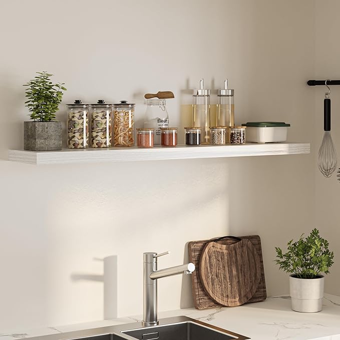 Floating Shelves for Wall, 55"W x 9.3"D x 1.5"H, Long Wooden Wall Mounted Display Shelves with Invisible Brackets for Living Room, Bedroom, Bathroom, Kitchen Decor and Storage, Set of 1, White-Ruum Studio Home