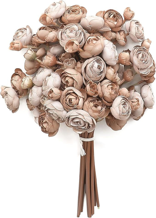 Floroom Ranunculus Artificial Flowers 18 Pcs Taupe Brown Faux Silk Mini Ranunculus Bulk Fake Wedding Filler Flowers for DIY Bouquets, Centerpieces, Bridal Shower Decorations & Arrangements-Ruum Studio Home