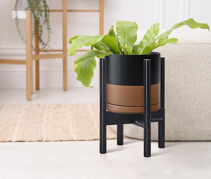 D'vine Dev Ceramic Planter with Ebony Stand - 8 Inch Modern Round Flower Pot with Wood Planter Holder, Black/Speckled Tan, 55-B-M-7-Ruum Studio Home