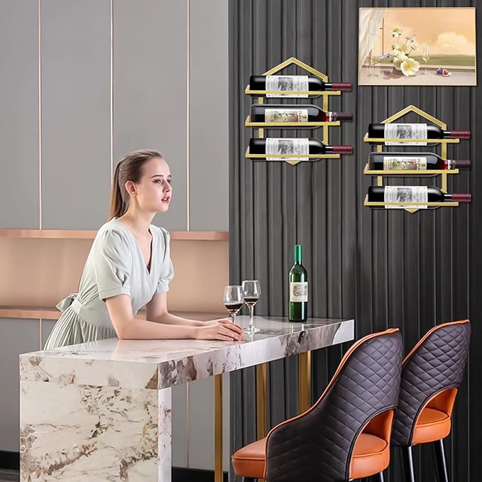 2Pcs Wall Mounted Wine Stemware Rack, Metal Hanging Wine Glass Display Holde Holds 3 Bottles, Elegant Storage for Kitchen Dining Room Bar Wine Cellar (Gold)-Ruum Studio Home