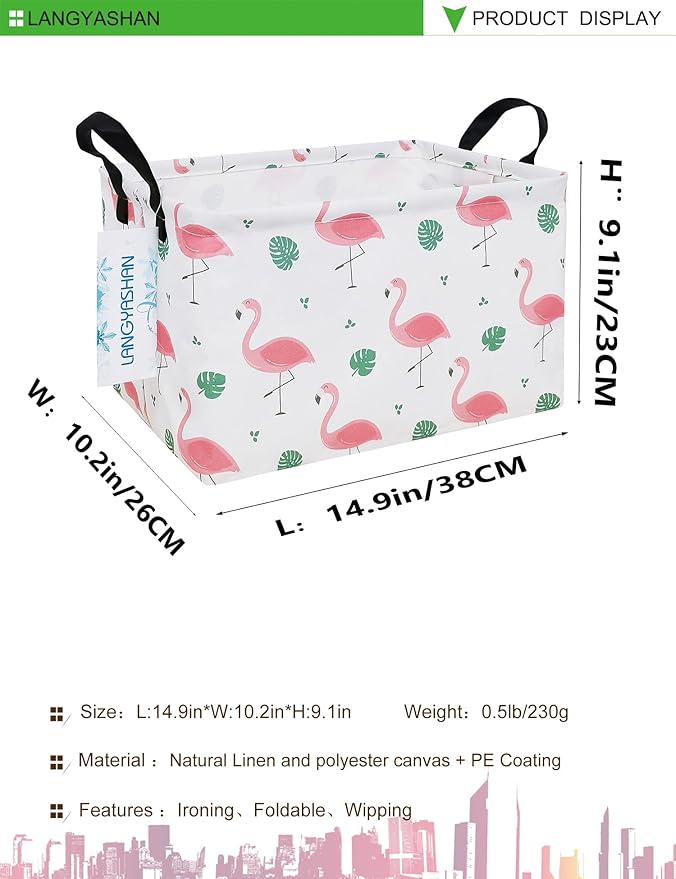 LANGYASHAN Rectangular Storage Bin Collapse Canvas Fabric Cartoon Storage Basket with Handles for Organizing Home Kitchen Boys and Girls Toys Office Closet Shelf Baskets(Rec Leaf Flamingo)-Ruum Studio Home