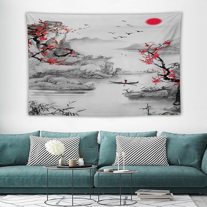 Cherry Blossoms Tapestry, Japanese Red Landscape Watercolor Abstract Art, Asian Japanese Wall Tapestry, Nature Landscape Tapestries for Bedroom Living Room Decor 90"x60"-Ruum Studio Home