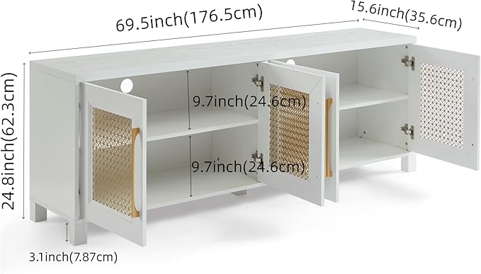 JYED Mid Century Modern TV Stand for TVs up to 75", 69.5" W White Entertainment Center with 4 Gold Metal Mesh Doors - Wood Grain MDF TV Console, Media Storage-Ruum Studio Home
