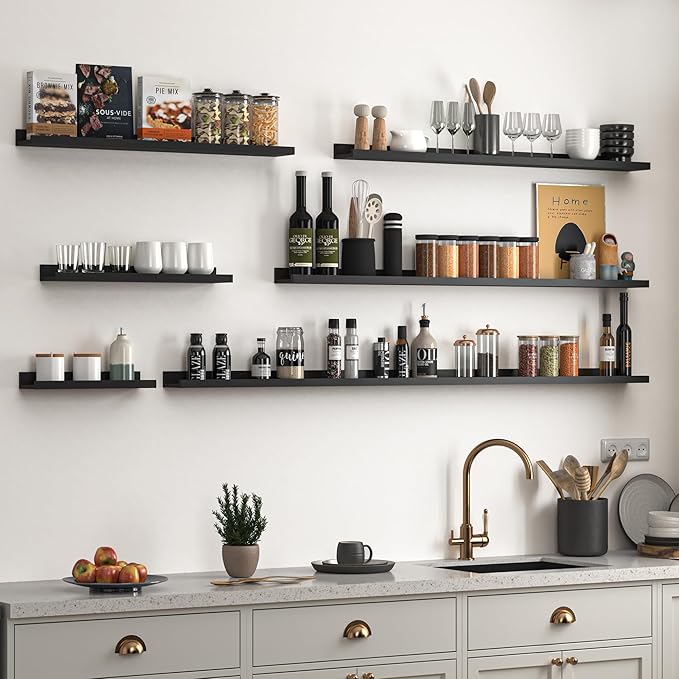 Heimlove Picture Ledge Shelf, Small Floating Shelves Set of 2, 16 Inches Picture Shelf for Wall with Ledge, Kids Bookshelf Wall Mounted for Living Room Bedroom Decor Books Photo Frames, Black-Ruum Studio Home
