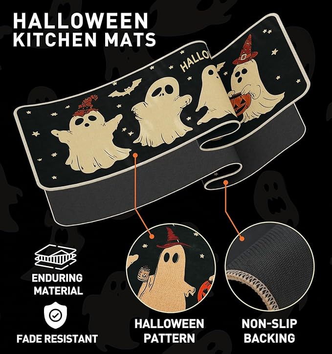 Halloween Kitchen Mat Set of 2, Pumpkin Ghost Bat Halloween Kitchen Decor, Halloween Rug for Floor, Indoor Spooky Home Decor with Non-Slip Backing,17 x 29 Inch & 17 x 47 Inch-Ruum Studio Home