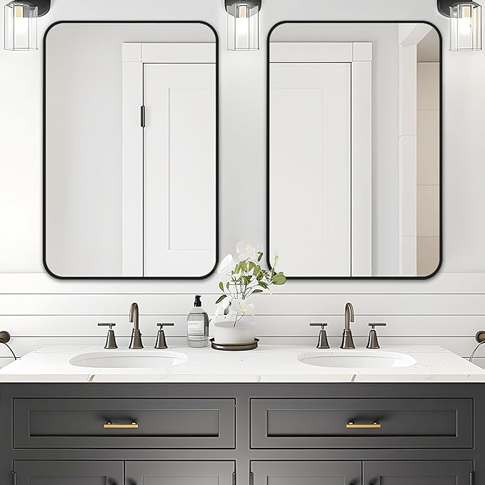 Fabuday Big Black Bathroom Mirror for Over Sink Wall - 26x38 Rounded Rectangle Mirror with Matte Metal Frame, Large Rectangular Vanity Mirrors for Bedroom, Entryway, Horizontally/Vertically-Ruum Studio Home