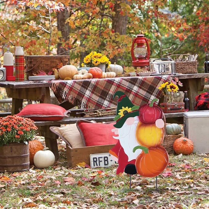 YEAHOME Fall Decorations Outdoor, Metal Gnome with Pumpkin Decorative Garden Stakes for Fall Decor, Autumn Yard Signs for Home Outside Garden Lawn Porch, Thanksgiving Decorations Outdoor (YHMD-476)-Ruum Studio Home