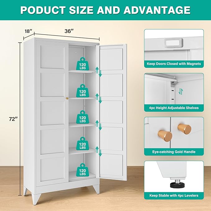 Wide & Deep Metal Storage Cabinet with 2 Doors and 5 Shelves,72 inch Tall Pantry Storage Cabinet,Large Cupboard Closet,White Cabinets for Home,Kitchen,Bathroom,Dining/Living Room-Ruum Studio Home