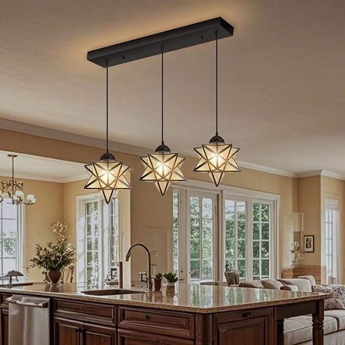 Modern Farmhouse Glam Chandelier Dining Room Glass Star Pendants Light Fixture Kitchen Island LED Ceiling Hanging Lights Included Warm Light Bulbs Black-Ruum Studio Home