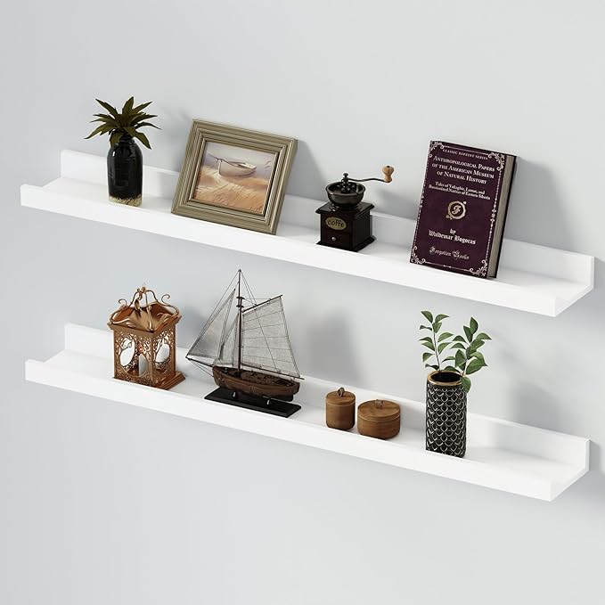 SAUMONIERES Picture Ledge Shelf Floating Book Shelves Set of 2 Wall Mounted Solid Wood for Bedroom Bathroom Living Room Kitchen, 36 Inch White-Ruum Studio Home