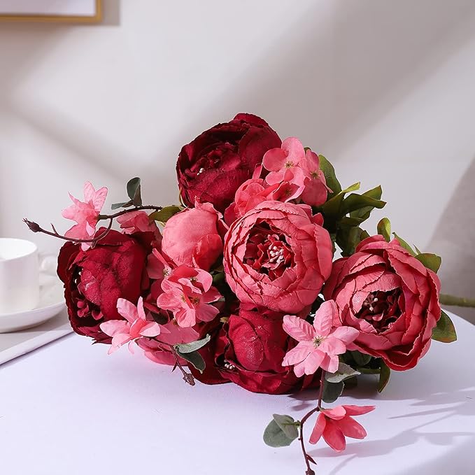 Duovlo Fake Flowers Vintage Artificial Peony Silk Flowers Wedding Home Decoration,Pack of 1 (New Red)-Ruum Studio Home