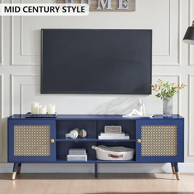 Mid Century Modern Entertainment Center, Blue TV Stand for TVs up to 75", Boho Tv Furnitures with Storage Cabinet and Shelves, Tv Console Media Center with Gold Metal Mesh Doors for Living Room-Ruum Studio Home