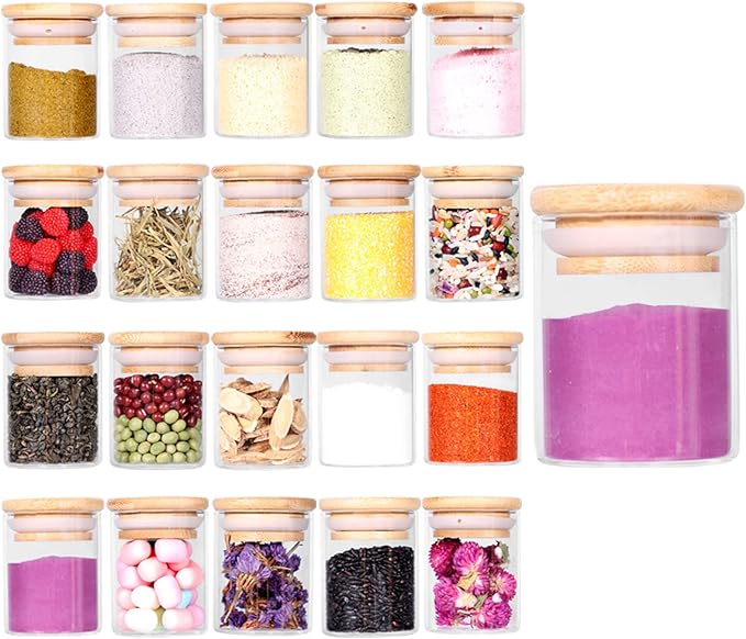 Spice Jar Set,2.5oz 20 Piece Glass Jar with Bamboo Airtight Lids and Labels, Mini Clear Food Storage Containers for pantry, kitchen canisters for Tea, Herbs, Sugar, Salt, Coffee-Ruum Studio Home