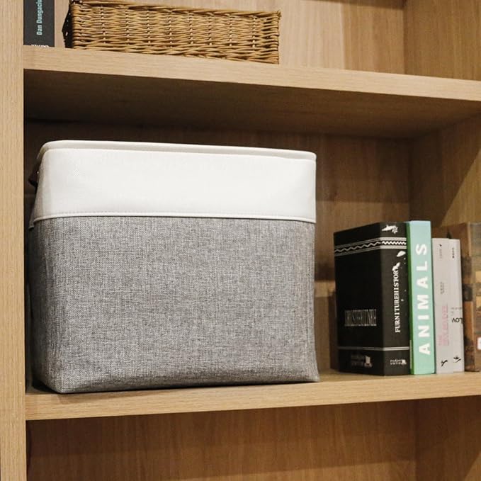 Large Fabric Storage Baskets | 50L Storage Bins, Decorative Linen Closet Baskets with Handles for Organizing, Shelf, Toys, Clothes, Home, Office, Nursery, 17x12x15Inches (Grey&White)-Ruum Studio Home