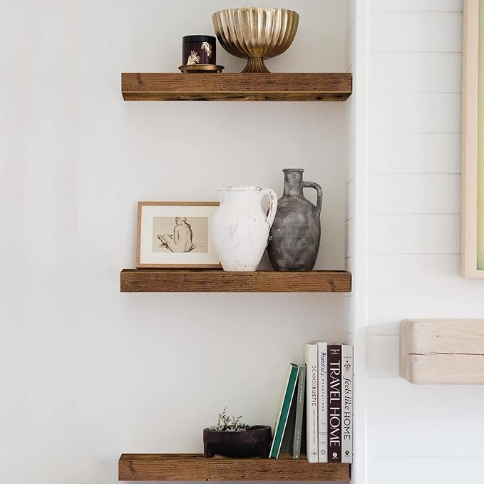 QEEIG Floating Shelves for Wall Bathroom Shelf Bedroom Kitchen Living Room Hanging Book Shelves Small Farmhouse Decor 16 inch Set of 3, Rustic Brown (015-BN3)-Ruum Studio Home