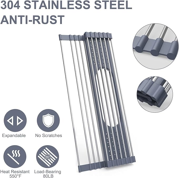 LEMIKKLE Roll Up Dish Drying Rack 17.5" x 15.2" Over The Sink Dish Drying Rack, Multi-Purpose Kitchen Rolling Dish Drainer Foldable SUS 304 Stainless Steel Dish Drying Rack-Ruum Studio Home