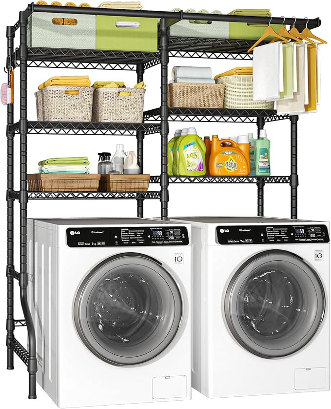Ulif U13 Over Washer and Dryer Storage Shelves, 6 Tiers Laundry Room Standing Shelf with 2 Hanger Rods, Space Saver Clothes Drying Rack, 63.4" W x 22" D x 77.4" H, Black-Ruum Studio Home