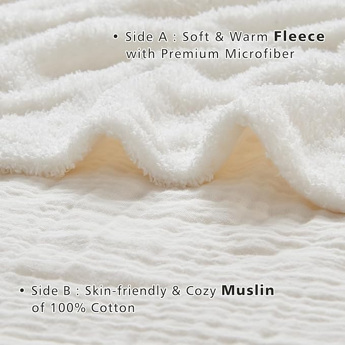 EMME White Throw Blanket Muslin and Fleece Blanket for Women Reversible - 50"*60" Soft & Cozy Warm Lightweight Small Blankets for Couch Bed Picnic Travel Bed-Ruum Studio Home