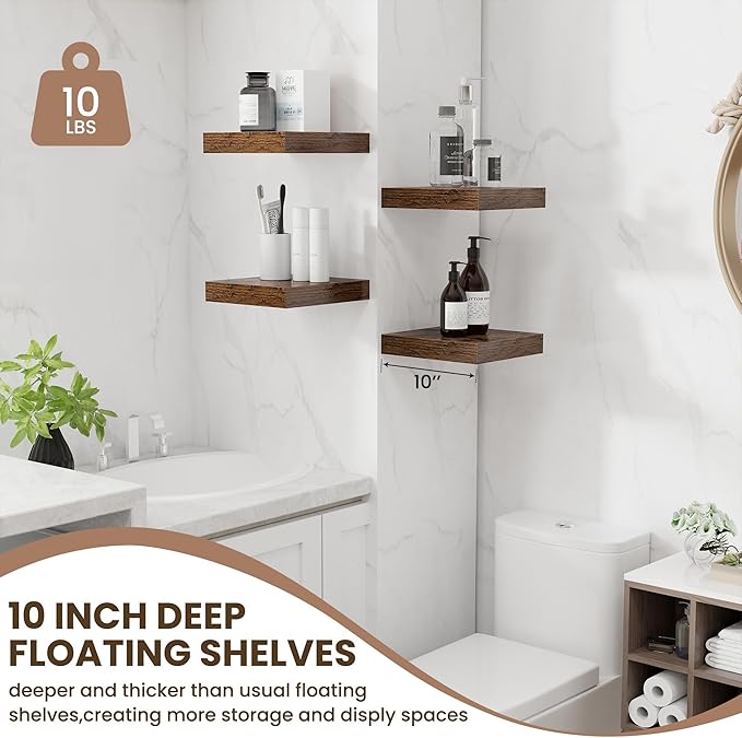 Fun Memories Floating Shelves for Wall - 10" x 10" Wood Shelf with Invisible Bracket - Deep Floating Shelves - 10 Inch Shelf Wall-Mounted for Living Room & Bathroom - Rustic Brown - Set of 2-Ruum Studio Home