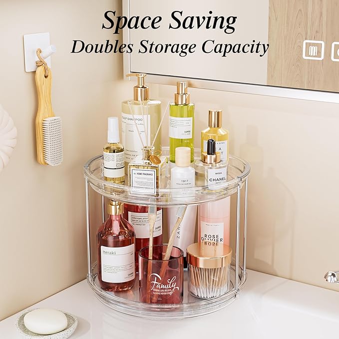LAMU 10.6in Rotating Makeup Organizer for Vanity, 2 Tier Lazy Susan Turntable Stackable Spinning Skincare Organizer Cosmetic Perfume Tray for Bathroom Counter, Large Capacity, Clear-Ruum Studio Home