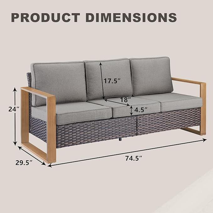 Outdoor Couch Wicker Patio Sofa, Rattan Patio Furniture Sofa with Sturdy Frame,All-Weather PE Wicker,Wide Armrest,Deep Seating and Thick Cushions for Deck Porch Garden(Brown/Grey)-Ruum Studio Home