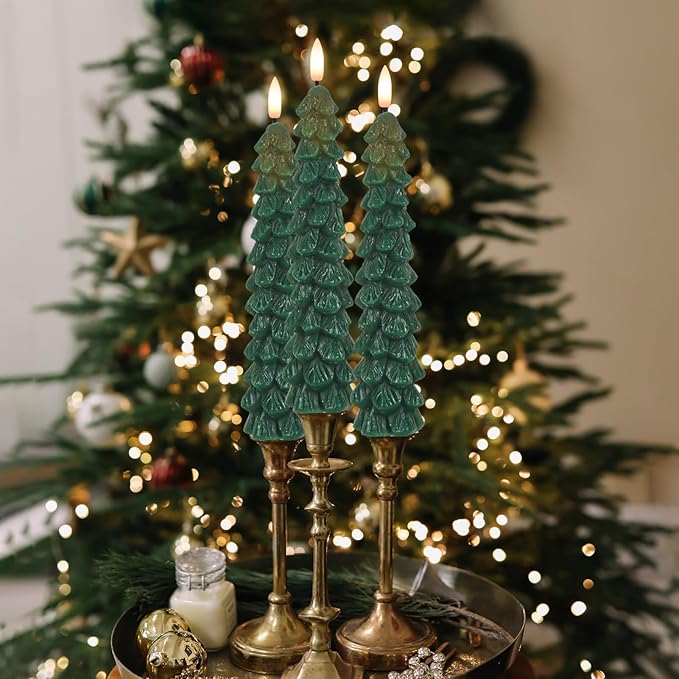GenSwin Christmas Tree Flameless Taper Candles with Remote Timer, Christmas LED Taper Candles with 3D Flame, 4 Pcs Green LED Candlesticks for Christmas Home Decoration(0.78” x 9.8”)-Ruum Studio Home