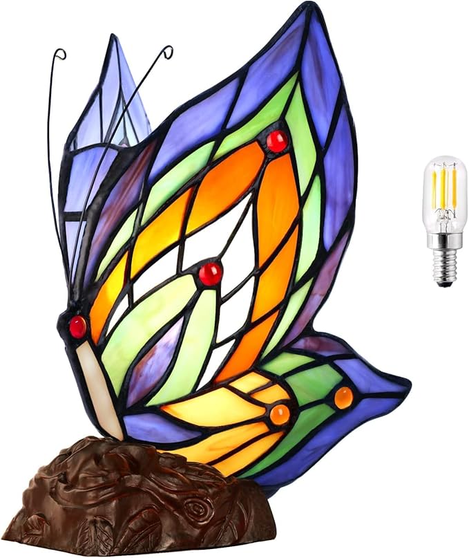 Tiffany Butterfly Table Lamp, 9'' Tall Vintage Stained Glass Lamp, Fairy Reading Night Light for Bedroom Living Room, 1 LED Bulb Included-Ruum Studio Home