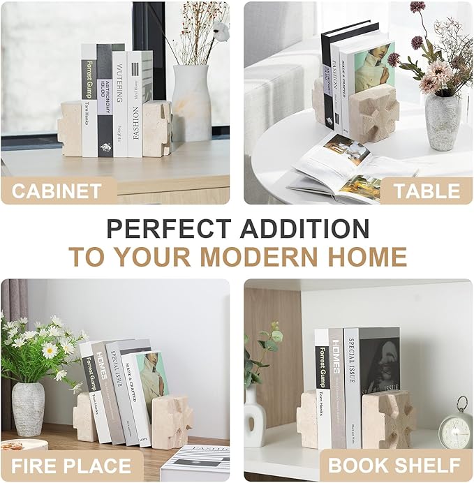 Natural Marble Bookends for Heavy Books, Heavy Duty Square Decorative Stone Book Ends for Shelves, Aesthetic Travertine Book Holder, Modern Office Bookshelf Stopper Decor, Beige, Set of 2-Ruum Studio Home