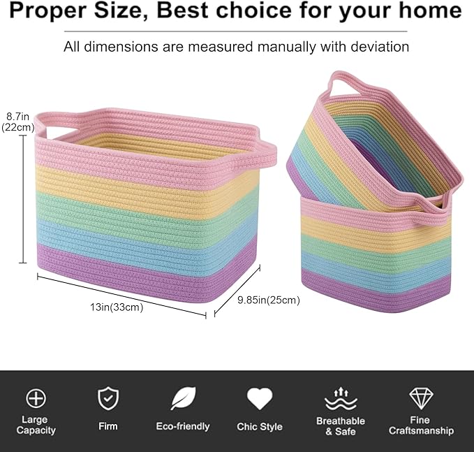 OIAHOMY Storage Basket, Woven Baskets for Storage, Cotton Rope Basket for toys,Towel Baskets for Bathroom - Pack of 3, Rainbow Pastel-Ruum Studio Home