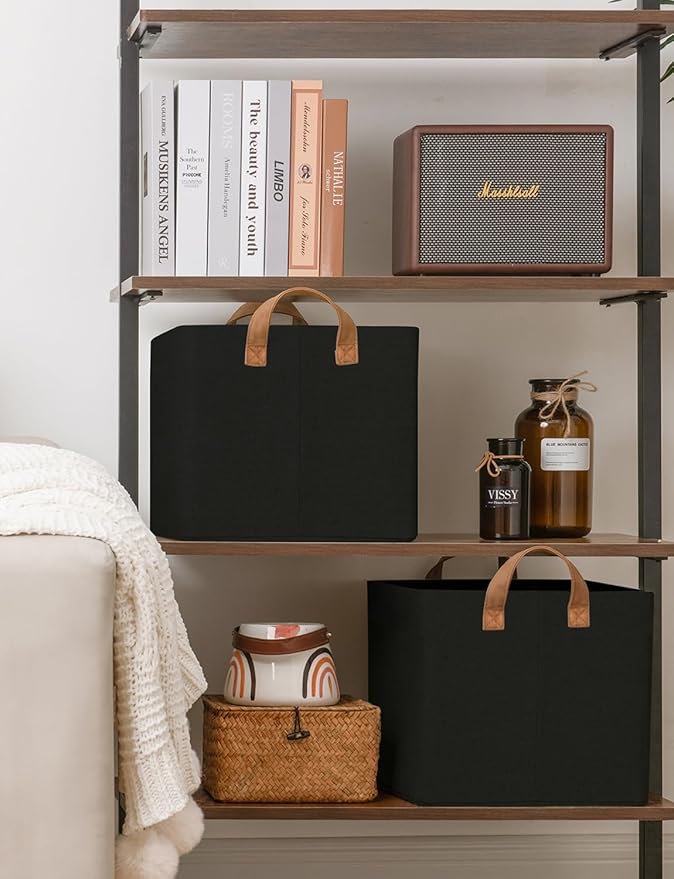 StorageWorks Storage Bins, Fabric Storage Bins for Shelves, Large Storage Baskets with Metal Frame, Closet Baskets and Bins with Handles, Black, 2-Pack-Ruum Studio Home