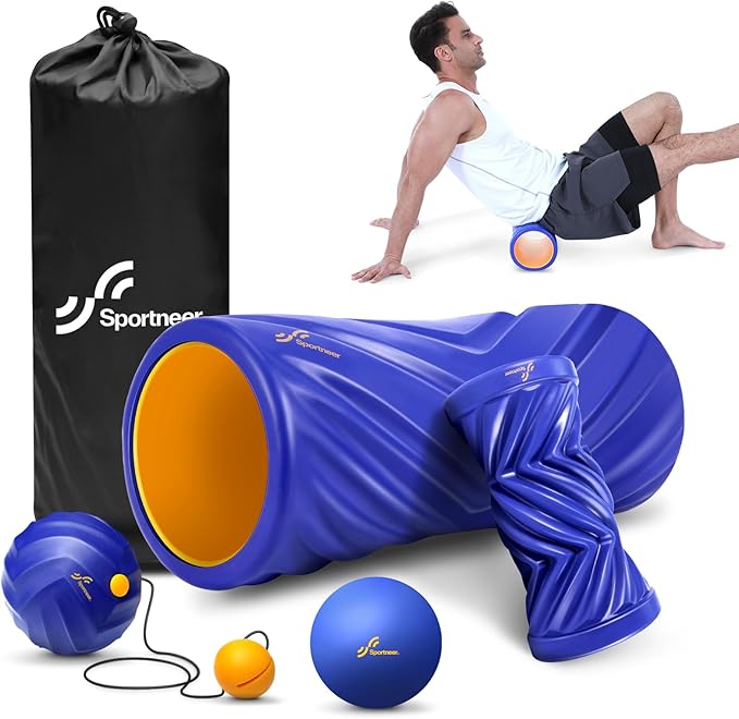 Sportneer 4 in 1 Foam Roller Set: Dual Textures Foam Roller, Foot Roller, Lacrosse Ball, Traction Massage Ball with String, Deep Massage Roller for Whole Body Release, Physical Therapy-Ruum Studio Home
