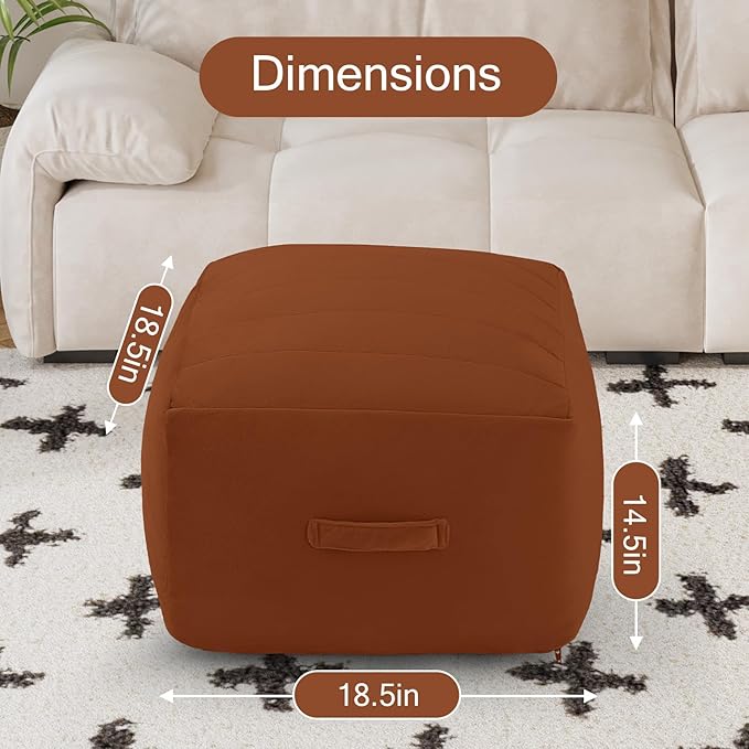 MeMoreCool Square Stuffed Pouf Ottoman Foot Rest, Floor Pouf Foot Stool with Foam Chunk Filling, Soft Stuffed Ottoman Footrest for Living Room, Coffee-Ruum Studio Home