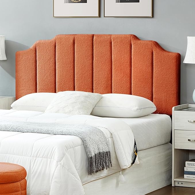 24KF Orange Teddy Fabric Tufted for Queen Upholstered Headboard, Modern Vertical Channel Design Full Headboard with Stepped Silhouette Top Edge,6026-Q-Teddy Orange-Ruum Studio Home